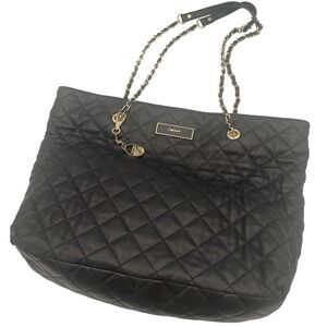 DKNY Black Quilted Napa Leather Tote Bag Chain Strap Shoulder Purse Large EUC